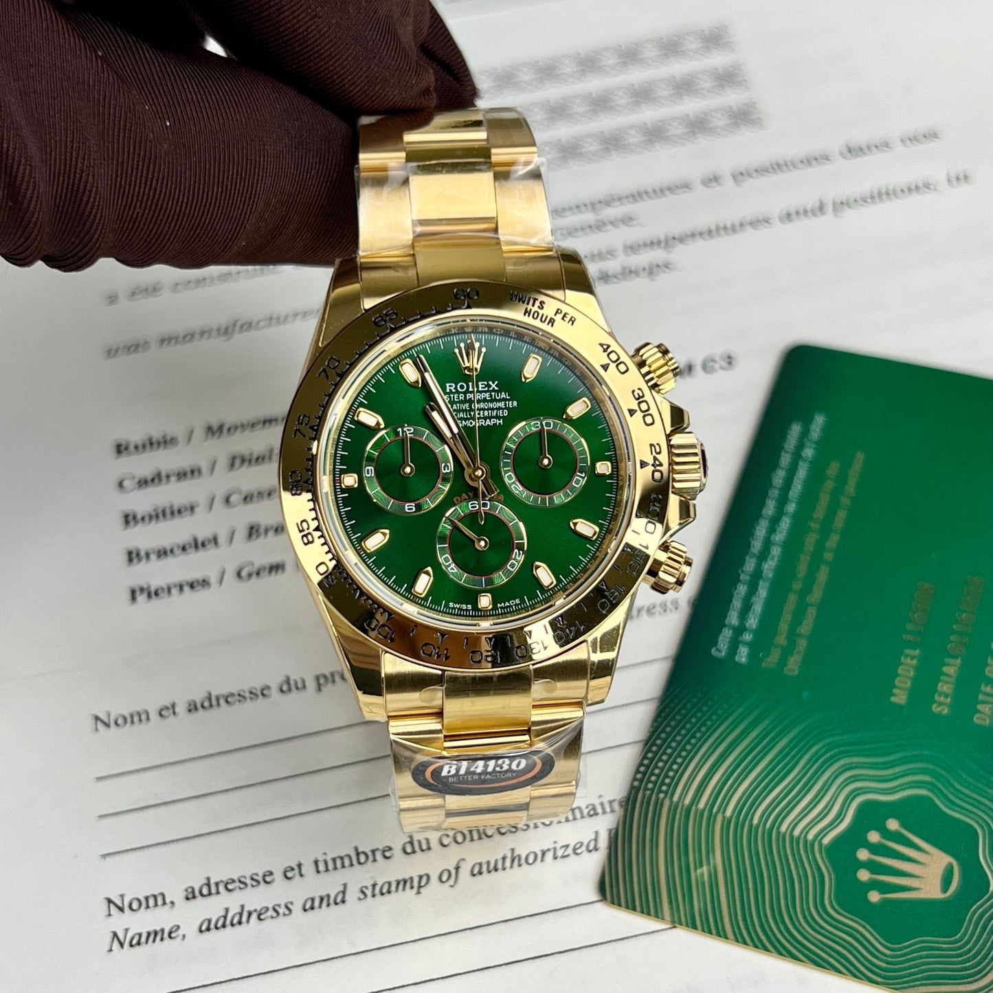 Rolex Gelbgold Cosmograph Daytona 40 Uhr, grünes arabisches Zifferblatt 116508, beschichtet mit 18 Karat Gelbgold