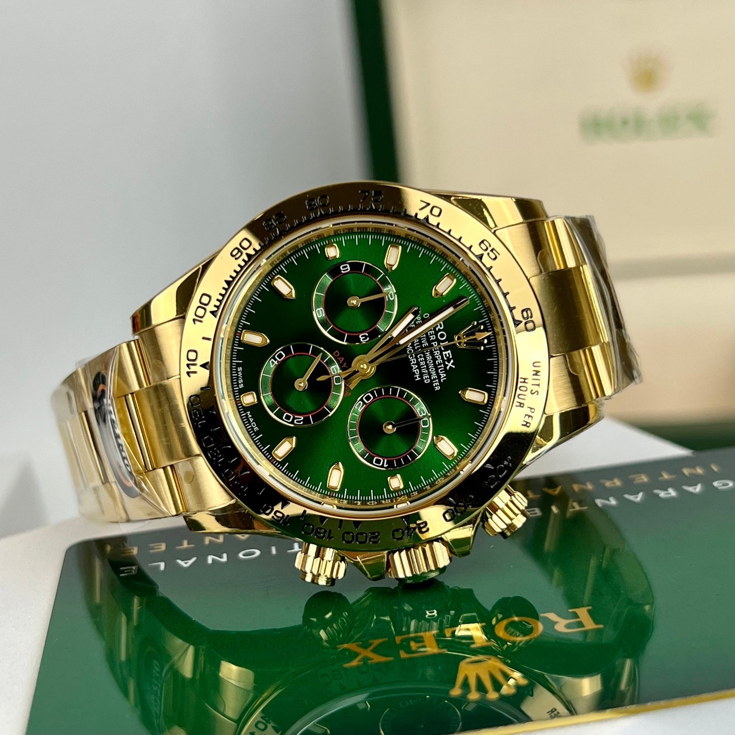 Rolex Gelbgold Cosmograph Daytona 40 Uhr, grünes arabisches Zifferblatt 116508, beschichtet mit 18 Karat Gelbgold