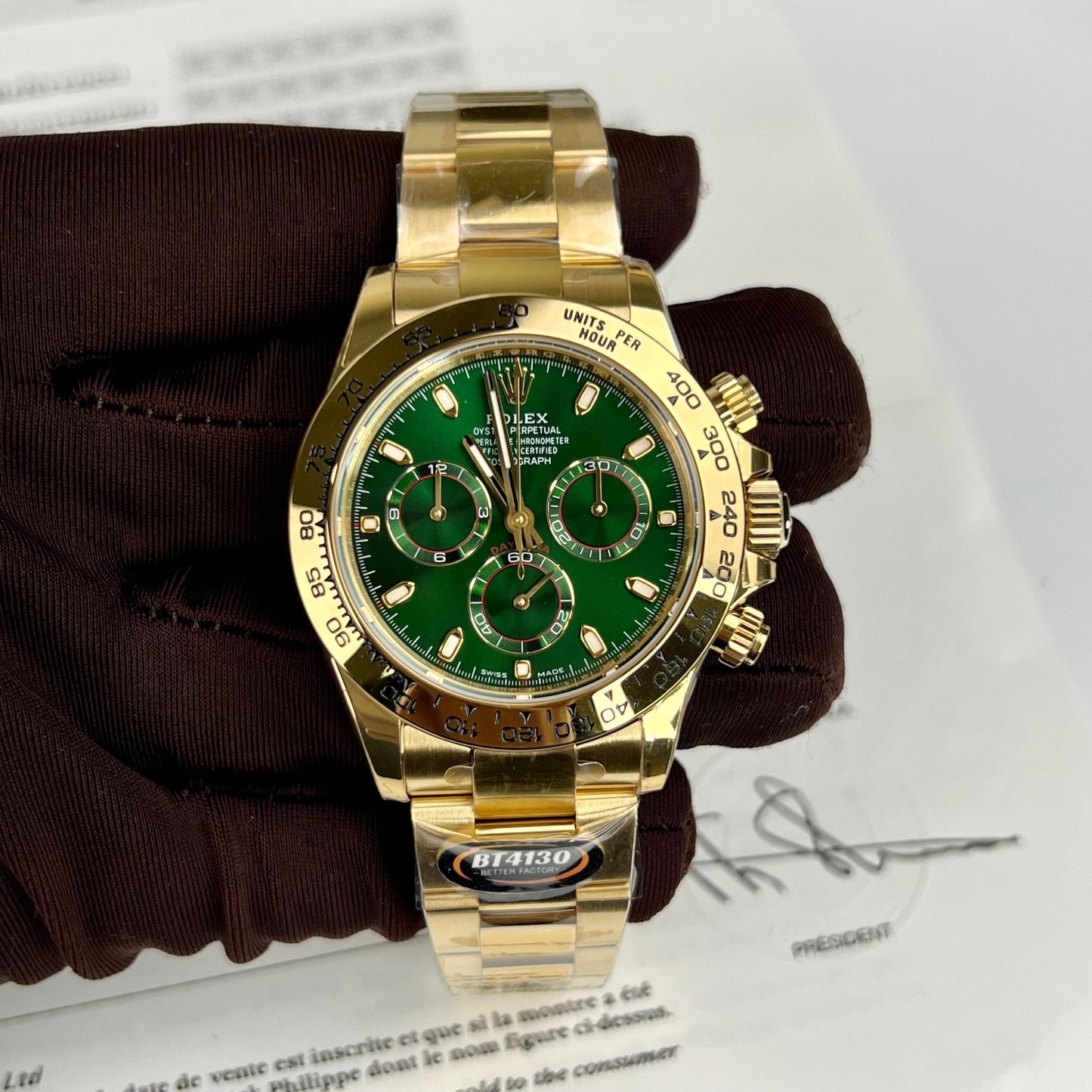 Rolex Gelbgold Cosmograph Daytona 40 Uhr, grünes arabisches Zifferblatt 116508, beschichtet mit 18 Karat Gelbgold