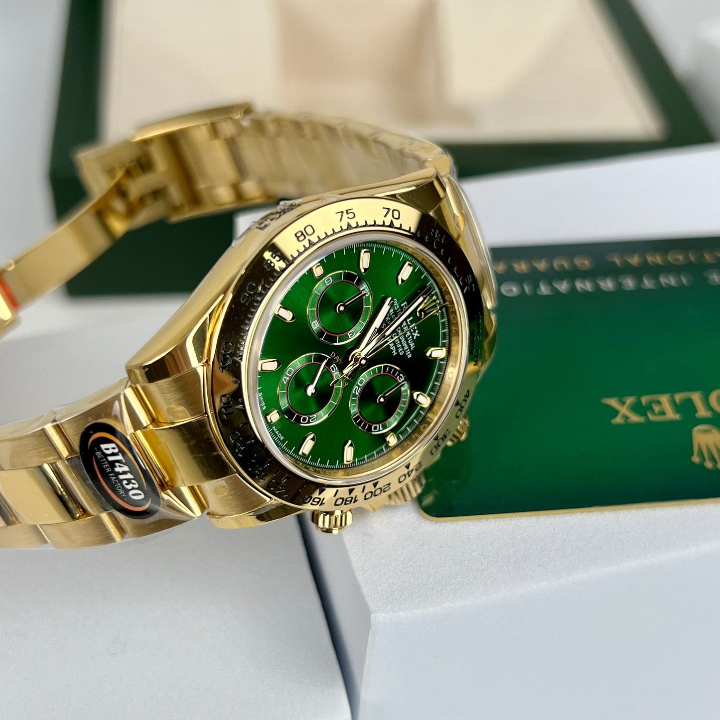 Rolex Gelbgold Cosmograph Daytona 40 Uhr, grünes arabisches Zifferblatt 116508, beschichtet mit 18 Karat Gelbgold
