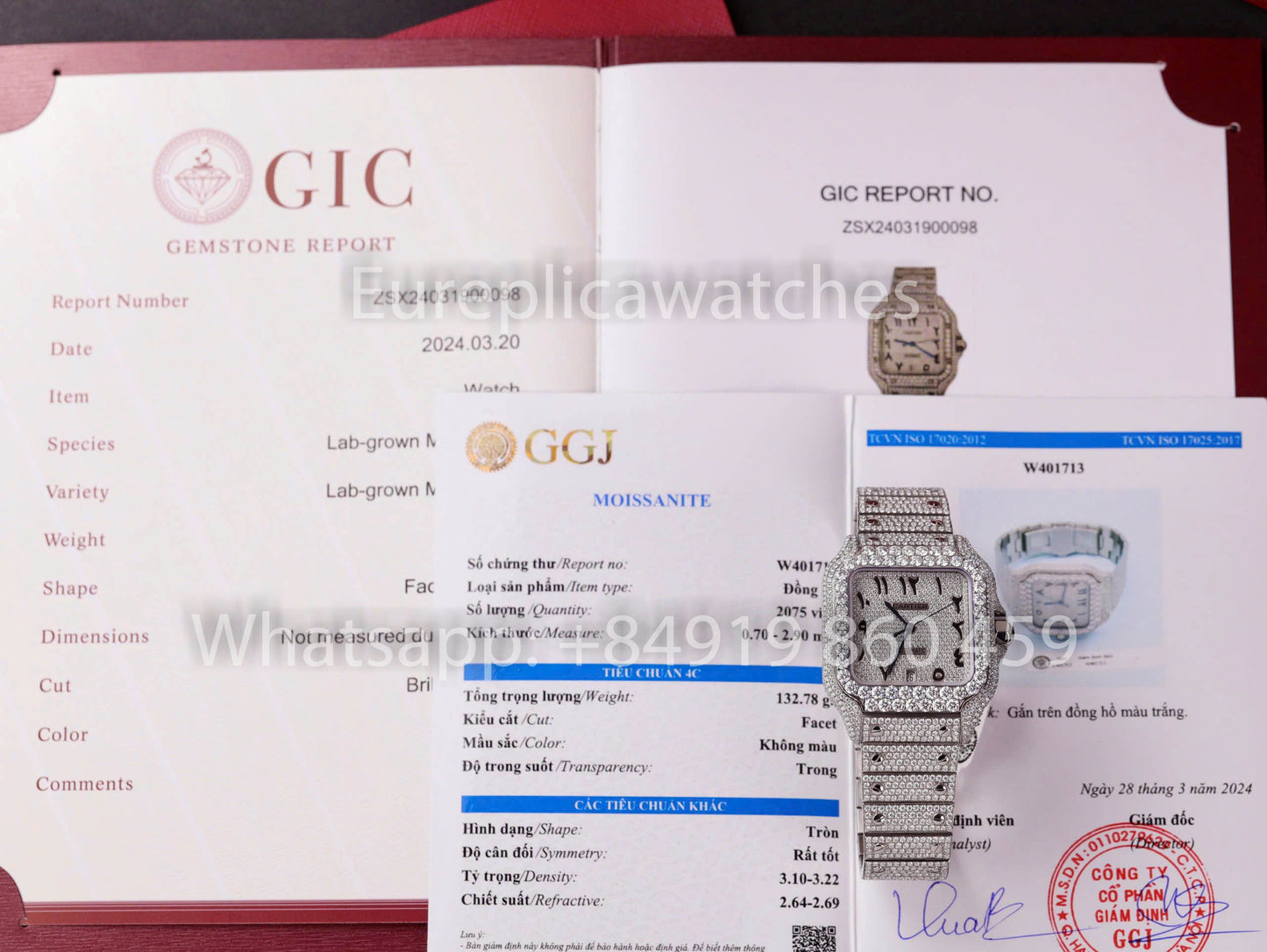 Santos De Cartier Moissanite Iced Out Watch Square Dial  1:1 Best Clone