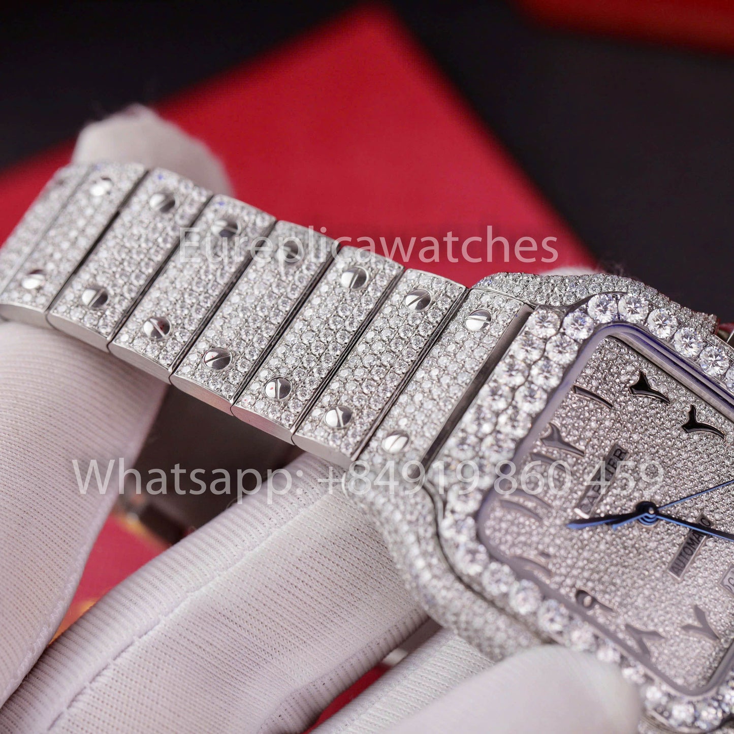 Santos De Cartier Moissanite Iced Out Watch Square Dial  1:1 Best Clone