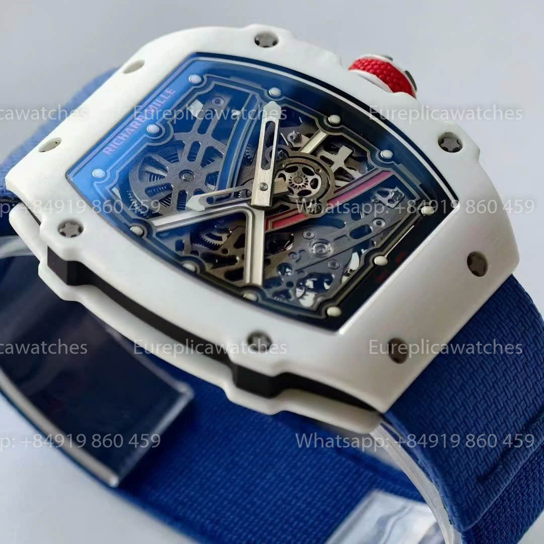 Réplique Richard Mille RM67-02, cadran France, version 1:1, meilleure version, usine VAF, carbone blanc, bracelet bleu