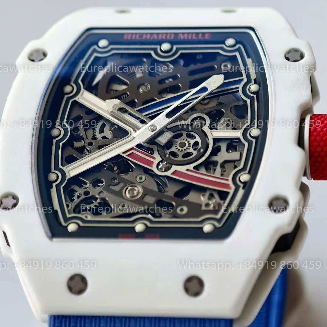 Réplique Richard Mille RM67-02, cadran France, version 1:1, meilleure version, usine VAF, carbone blanc, bracelet bleu