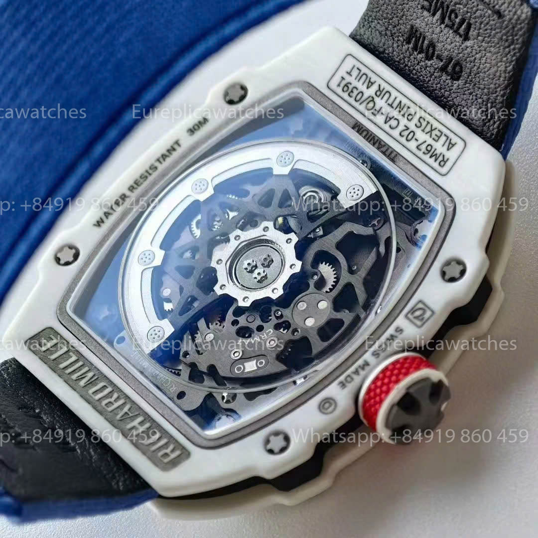 Réplique Richard Mille RM67-02, cadran France, version 1:1, meilleure version, usine VAF, carbone blanc, bracelet bleu