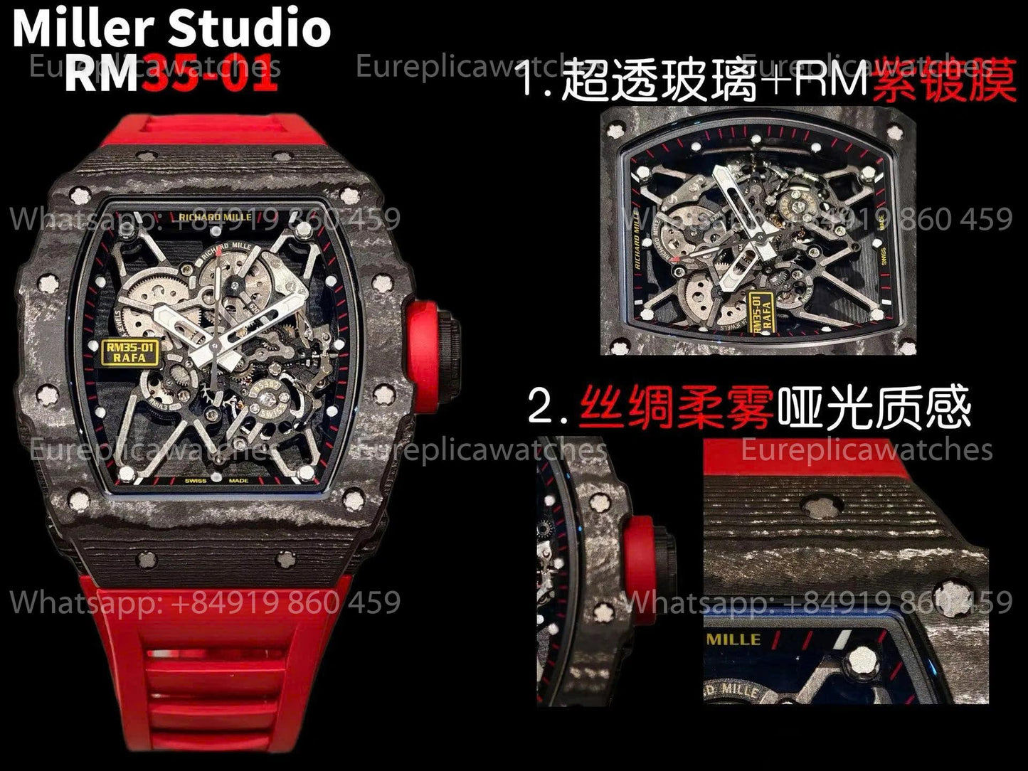 Mille Studio Richard Mille RM35-01 Black Carbon RMUL3 Movement Red Rubber Strap